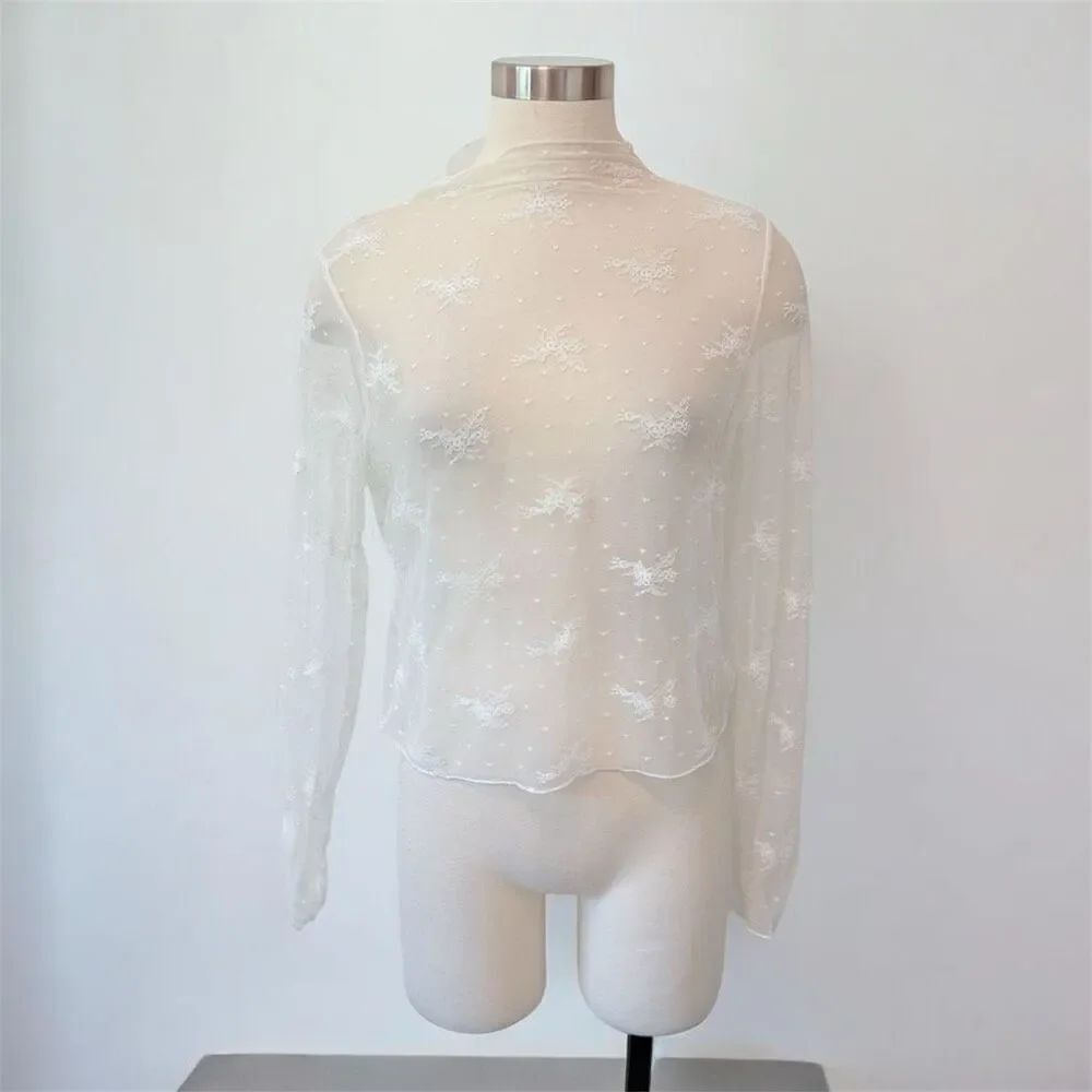 Aerie White Cream Lace Woven Top Shirt Knit Short Sheer Floral Large Mock Neck
